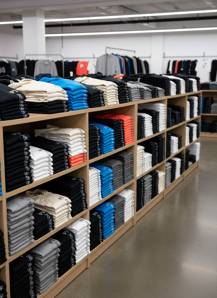 A meticulously folded collection of modern athletic and casual clothing arranged on wide, light-wood shelving in a spacious wholesale showroom. Neatly stacked hoodies, performance leggings, breathable T-shirts, and joggers in coordinated neutral tones with pops of electric blue and coral are organized by color and size, with visible hangtags and size markers. The environment is clean and minimalist, with polished concrete floors and tall racks fading softly into the background. Soft, diffused studio lighting from above and the side creates gentle highlights on technical fabrics and subtle shadows beneath the stacks. Photographic realism, shot at eye level with a slightly wide angle, sharp focus throughout, conveying abundance, organization, and professional wholesale reliability suitable for a modern sportswear distributor.
